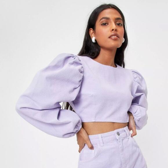Nasty Gal Lilac Cropped Puff Sleeve Denim Top NWT Size US 6 - Picture 1 of 8